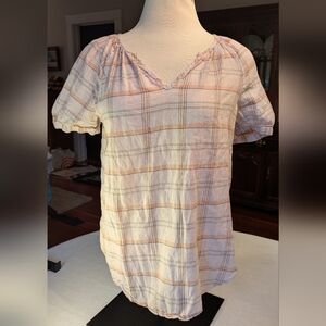 a.n.a Cream and Tan Plaid V-Neck Blouse